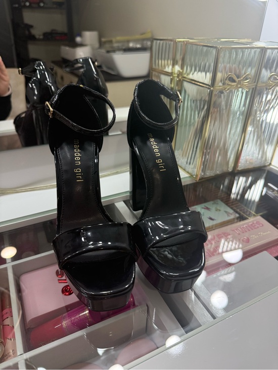 Madden Girl Black Patent Platform Ankle-Strap Sandals